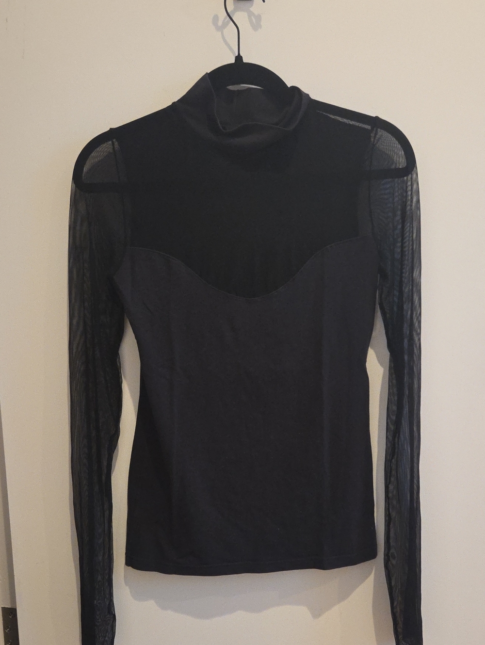 Black Mock Neck Long Sleeve Top with Sheer Mesh Sleeves
